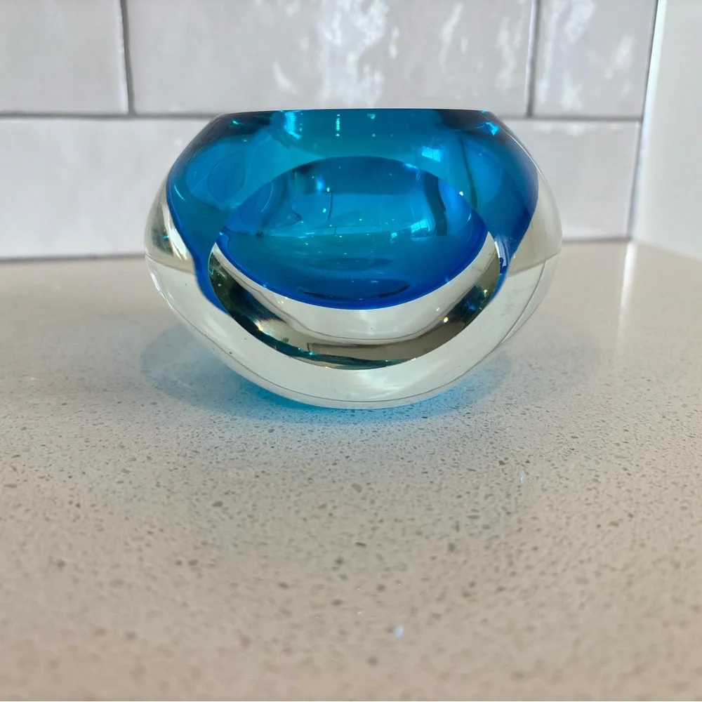 VTG Fifth Avenue Crystal Blue Clear Sommerso Faceted Votive Vase Paperweight
